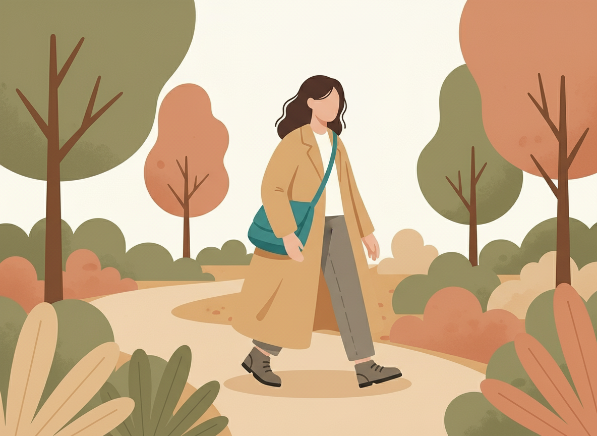 Person walking along a path, reflecting