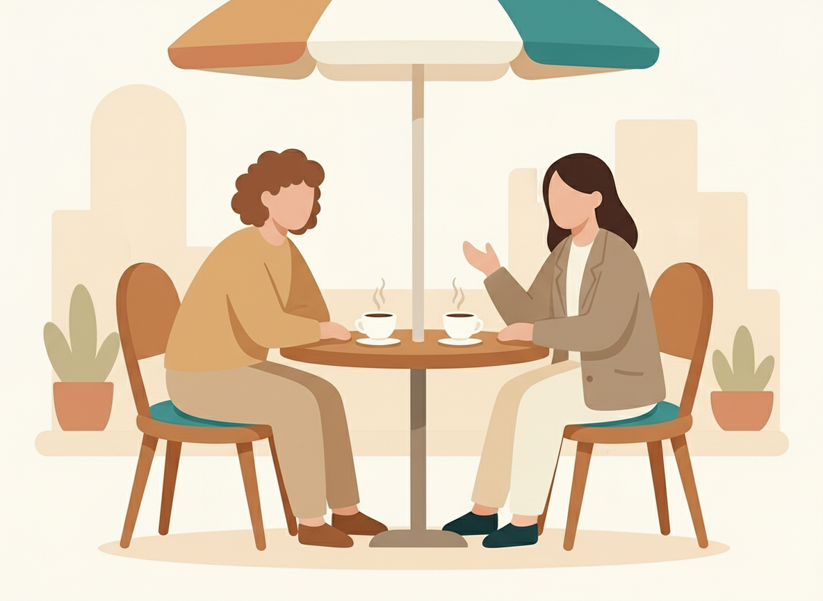 Person having a relaxed conversation over coffee